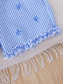 2 件套幼儿女童无袖圆领条纹上衣和条纹蝴蝶结短裤套装，休闲时尚，适合夏季户外 - 彩色 - 查看 8