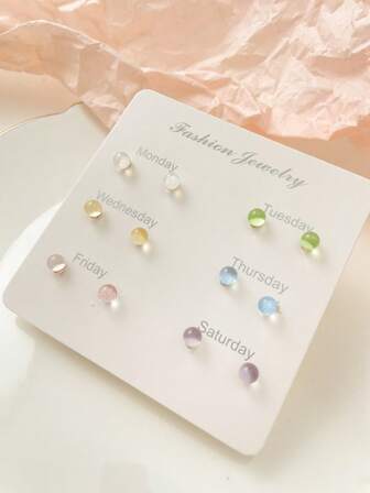 1 Set Of 12pcs Dreamy Colorful Sand & Crystal Ball Stud Earrings, Women Daily Accessory For Stacking