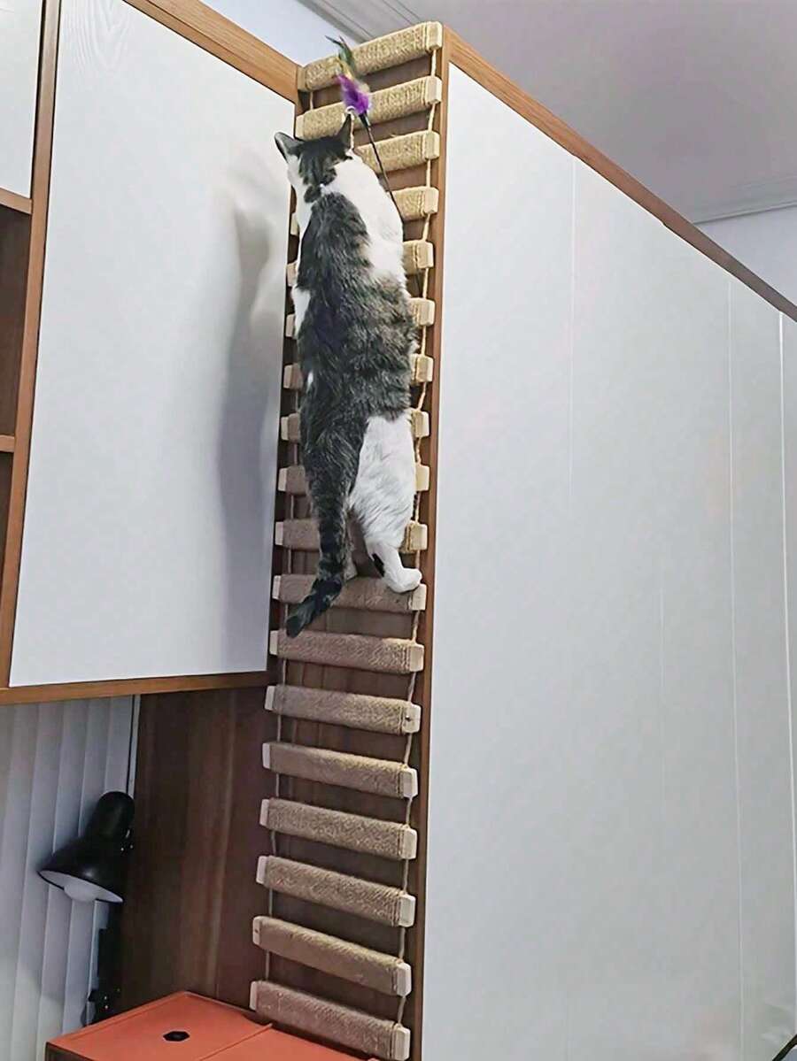 1 Sturdy Fir Wood Cat Ladder With Rope - Great For Playing, Climbing And Scratching Maximum Weight 26 Lbs | Great For Indoor Cats, Cat Wall Climbing System - Brown - View 1