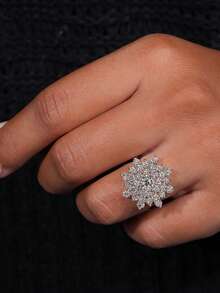 ESBERRY 1 件 S925 纯银圆形雪花戒指，镶有钻石，女士戒指，精致独特，适合舞会、聚会和派对，精美女士珠宝礼物 - 閃耀雪花戒指 - 查看 4