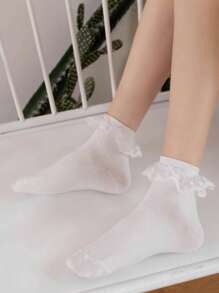 1 par de calcetines versátiles de media pantorrilla con encaje y pentágrama para mujer, color blanco, para todas las estaciones