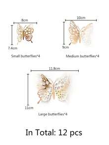1 Set (12 Pcs) 3D Hollow Butterfly Stickers, Holographic Reflective Butterfly Decals, 3D Butterfly Decorations, Wall Decor Stickers, Realistic Props Iridescent Blue Butterfly, Fridge Magnets, Cake Decorations - Champagne - View 5