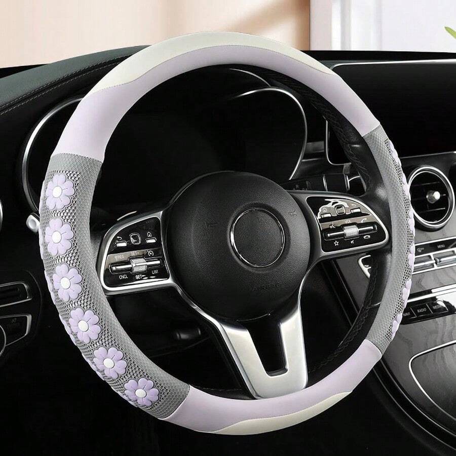 Car Steering Wheel Cover For Women Cute Flower Purple Steering Wheel Cover Leather NonSlip Fit 15 Inch - 紫色 - 查看 1
