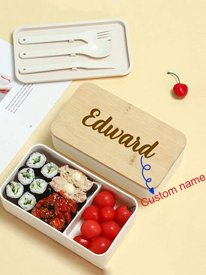 Custom Text/Logo Dual Layer Bento Box With Bamboo Lid, Large Capacity Supermarket Lunchbox For Office Workers And Students, Microwave Friendly Divided Lunch Box