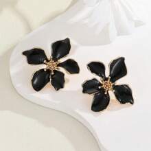 2 Pcs Fashion Needle Drop Glaze Pink Red Flower Earrings Claret Flower Stud Earrings Ladies Daily Wear Accessories