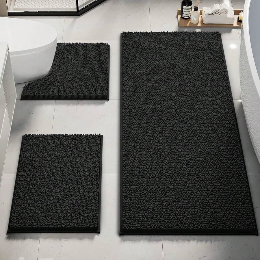 Upgrade Extra Large Bathroom Rugs Set 3 Pieces Thick Absorbent Chenille Bath Mat,Ultra Soft Bathroom Mats,Non Slip Bathroom Floor Mats,Washable Toilet Rug For Bathroom, Bedroom, Kitchen,Black - Black - View 1