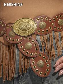 Hershine Cinto vintage estilo cowboy/cowgirl boêmio, decorado com fivela oval de bronze antigo, ilhós e detalhes florais. Acessório moderno em couro PU, ideal para usar com vestidos, saias, macacões, no trabalho, no outono, em férias e no Halloween. - Castanho - Ver 9