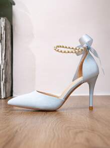 Fall/Winter 2025 Fashion Bridal Party Shoes Pearl Chain Bow White Leather Pointed Toe Super High Heel Women Pumps,Elegant,Elegant - Baby Blue - View 6
