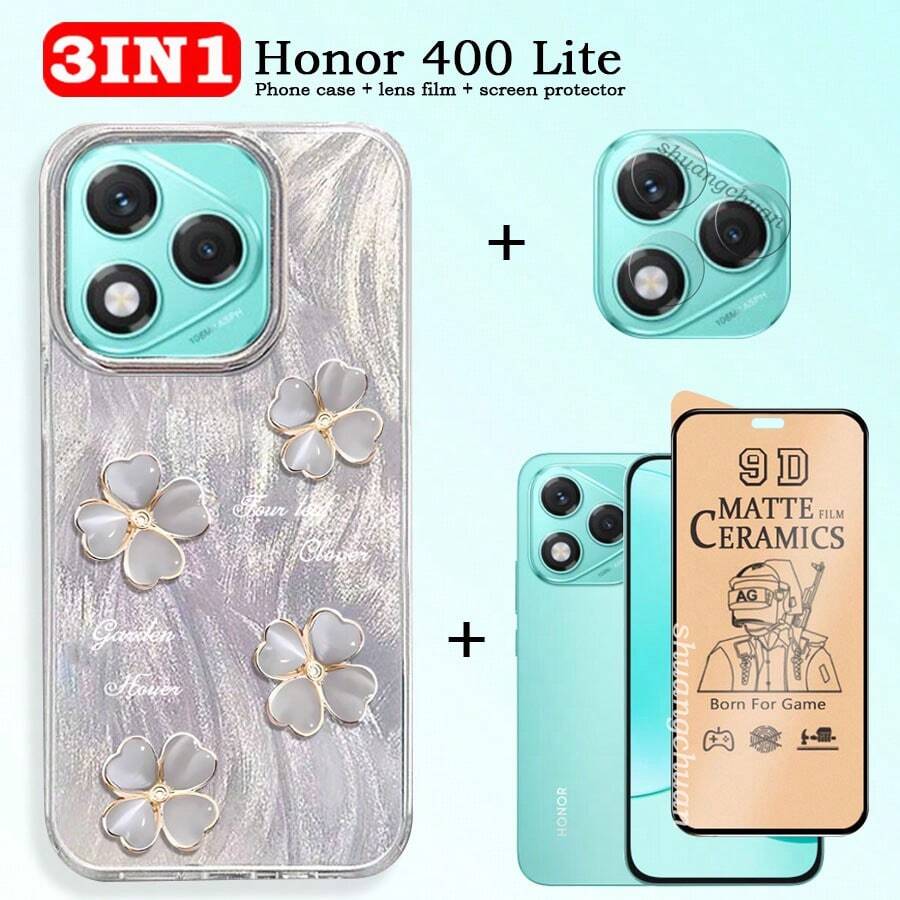 Kit de protector de pantalla 3 en 1 para Honor 400 Lite: Funda de teléfono antigolpes de color crema, protector de pantalla, película suave, película de cerámica, película para lente, membrana de vidrio templado antivista indiscreta