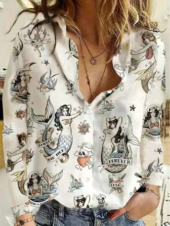 Casual overhemd met lange mouwen en zeemeerminprint, dameskleding