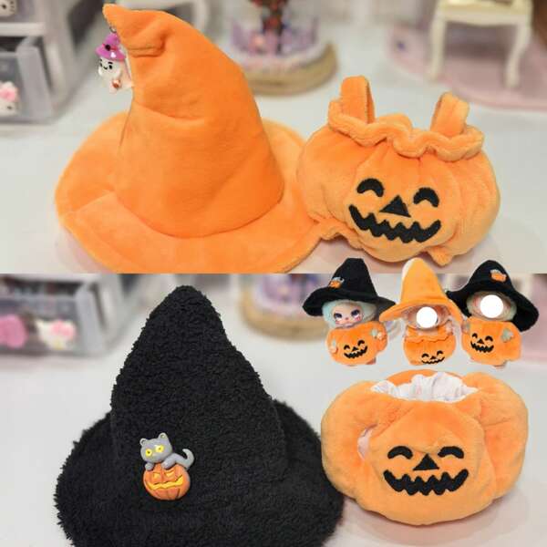 17cm LABUBU Kürbis Outfit Set, 1-2-3 LBB Anhänger Kleidung, Halloween Kürbis Outfit für LABUBU, Latzhose, schwarzer Hut, Puppenkleidung für LABUBU