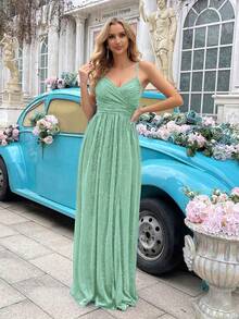 Women's Shiny Camisole Design Bridesmaid Wedding Guest Dress, Formal Cocktail Party Evening Gown, Lightweight & Flowing, Suitable For Spring/Summer Graduation Prom - Aqua - View 5