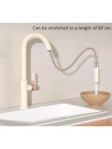 1 pièce Robinet rétractable en laiton de qualité supérieure, en matériau intégralement en cuivre, avec jet pivotant à 360°, extensible jusqu'à 60 cm de long, avec mode de débit d'eau réglable. Robinet d'évier de cuisine, robinet d'évier de salle de bain.