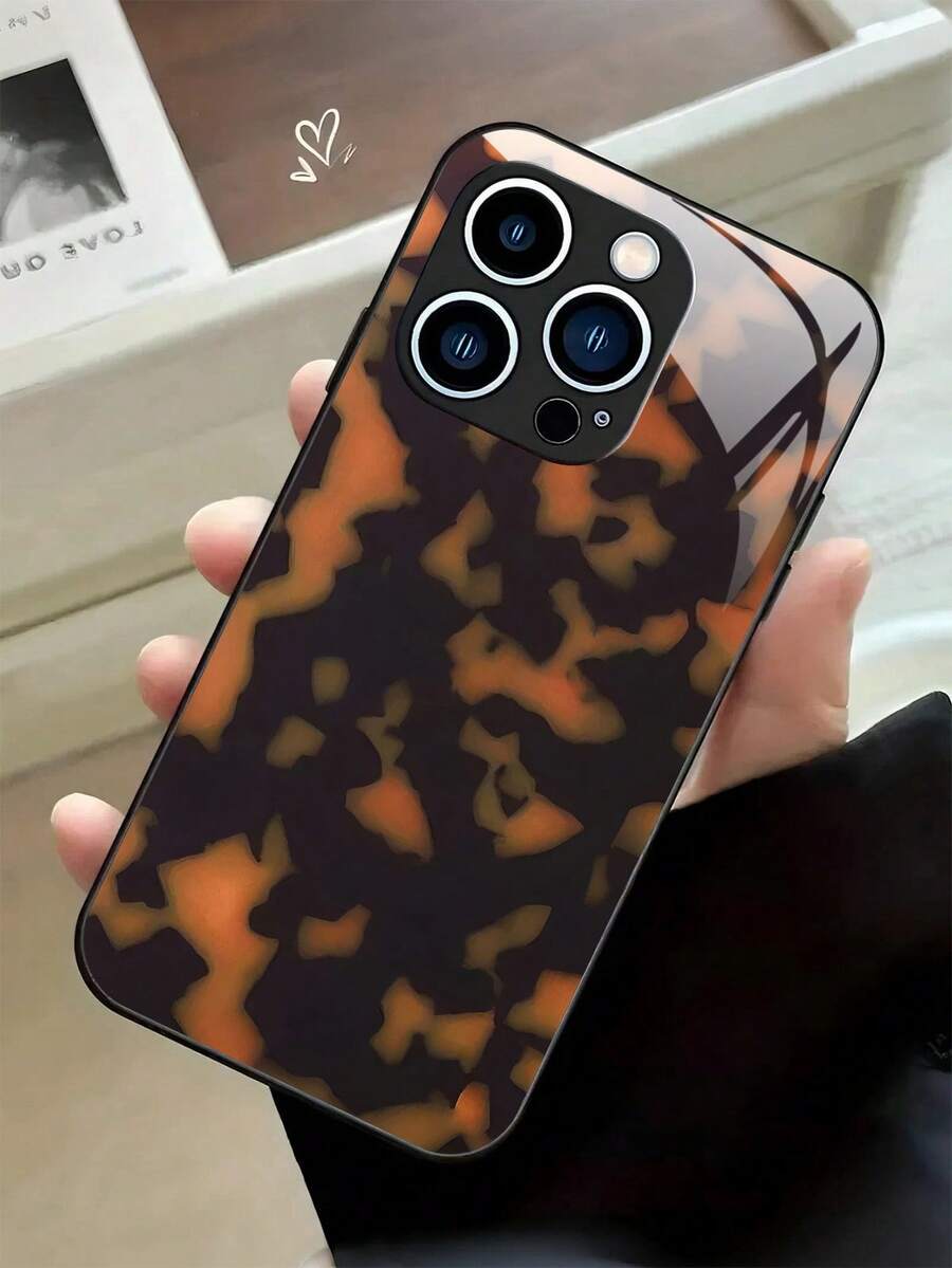 Tortoise Shell Pattern Luxury Black Glass Phone Case For Compatible With IPhone 16/15/14/13/12/11/ProMax/Pro/Plus, Fashion Female Summer Unique Funny Cases Shockproof Anti-Fingerprint Anti-Drop Protective Design PC+TPU+Glass Girl Women Men Y2k Case High-End Print Funda Casing Creative Forros Cover Protection Stylish Friend Gift Aesthetic Protector Funda Para Protectores De Celulares Accessories Forro De Teléfono - Black - View 1