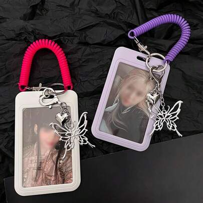 蝴蝶吊坠 Kpop 照片卡夹带钥匙圈 Kpop 照片卡套带弹簧腕带 Kpop 照片卡保护套适用于 Kpop 爱好者紫色学校用品，返校