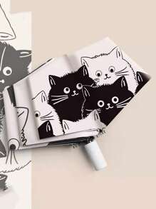 1pc Automatic Folding Umbrella, Women 2-In-1 Sunny Rain Umbrella, Cartoon Black And White Cat Print Sunshade UV Protection Umbrella