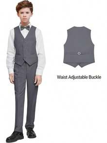 Boys Formal Suit Set - Suspenders Adjustable Waist Ring Bearer - 炭灰色背心 - 查看 4