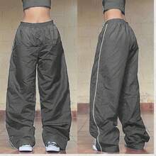Women Simple Casual Streetwear Tactel Drawstring Pocket Pants Best Selling Fashion Loose Elastic Waist Unisex Trousers - 灰色 - 查看 2