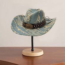 Denim Cowgirl Hat For Women Men Bull Head Belt Distressed Wide Brim Western Cap For Mardi Gras Party - 藍色 - 查看 4