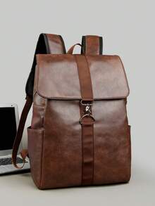 PU Backpack Leather Leisure Backpack Flip Buckle Men And Women Commuter Computer Bag Motorcycle Retro Backpack Multi-Pocket Fashion Bag Can Be Used As A Gift Bag For School School Accessories School Stuff - Multicolor - View 9