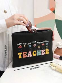 Bolsos de lino con impresión de palabras "Profesor", patrones de flores, letras con patrones de dibujos animados y animación. Incluye bolso cosmético con cremallera, bolso de aseo portátil, bolso de maquillaje, bolso de almacenamiento portátil de gran capacidad, bolsas grandes, bolsas de compra negras, monederos, regalos de agradecimiento para maestros y bolsos de lino de gran capacidad para mujeres. Adecuado para turismo, compras y actividades de playa, de vuelta a la escuela.