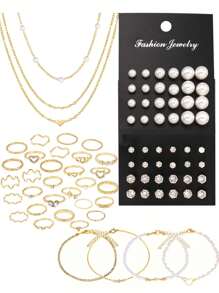 38/58/61/68pcs Middle Eastern Style Elegant Vintage Faux Pearl, Bow, Heart, Star, Moon, Crystal Rhinestone, Twisted, Rope, Geometric Wide Hoop Earrings, Necklace, Bracelet, Ring Jewelry Set, Holiday, Party, Daily Wear Gift