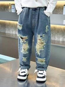 Boys' Loose Fit Distressed Casual Denim Jeans, Suitable For Daily, School, Outdoor Wear, Autumn