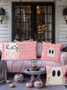 4 buc. Fețe de pernă moi și confortabile pentru decorațiuni de Halloween, fețe de pernă roz cu model înfricoșător de piersică, model "piele de piersică", Halloween, decorațiuni pentru petrecere, Halloween, decorațiuni pentru casă, decorațiuni pentru cameră, huse de pernă pentru canapea extensibilă, cadouri de Halloween, Crăciun