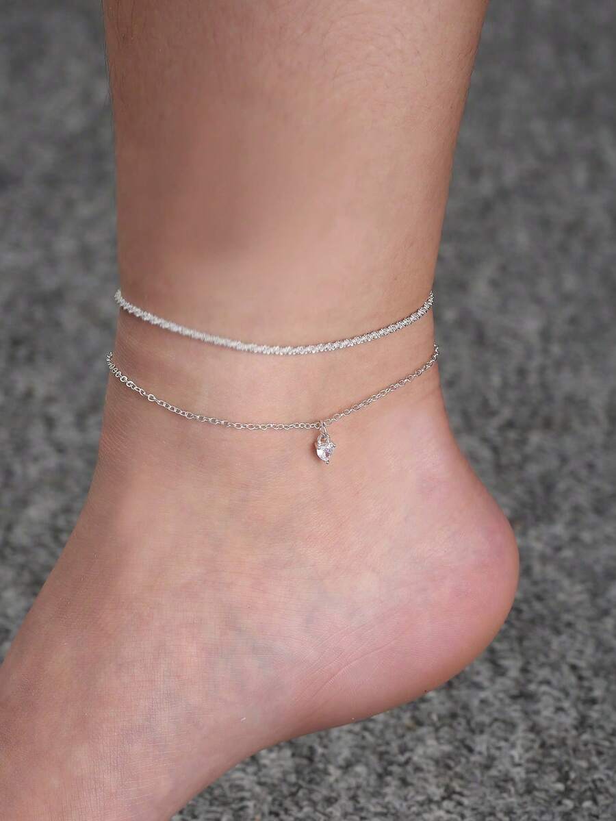 2pcs Shimmering White Heart Zirconia & Furry Caterpillar Chain Anklets Set For Women