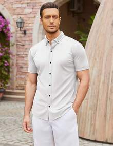 Men's Short Sleeve Casual Button Down Shark Shirts Wrinkle Free Untucked Shirt Summer Stretch Dress Shirtshalloween - 白色 - 查看 6