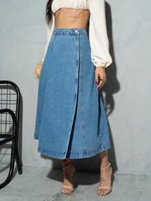 Women's A-Line Midi Denim Skirt, Stylish Winter Look - 中等水洗藍 - 查看 5