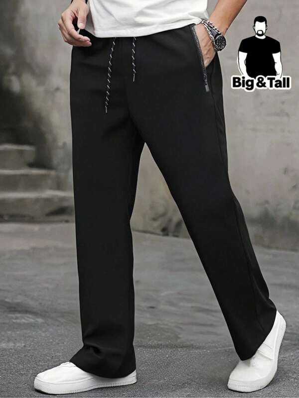 1pc Men's Plus Size Lightweight Sweatpants - Breathable Running Fitness Pants With Zipper Pockets, Regular Fit Machine Washable Solid Color For Outdoor Sports And Casual Wear, Functional Sportswear, Comfortable Elastic Waistband, Adjustable Drawstring, Plus Size