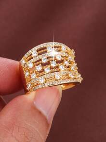 1pc Luxurious Wide Face Copper Ring With Cubic Zirconia For Women - Silver - View 5