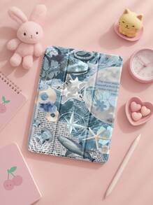 Beautiful Blue Turtle Jellyfish Shark Puzzle Style Pattern Transparent Silicone Shock-Absorbing Stand With Pen Slot, Suitable For Galaxy Tab A8 10.5, S6 Lite 10.4, S7/S8/S9Inch. It Supports Sleep Awakening As A Holiday Gift