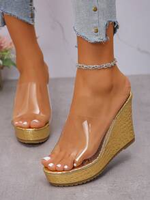 1 双女士新款舒适厚底粗跟透明一脚蹬露趾凉鞋，性感绳底夏季拖鞋