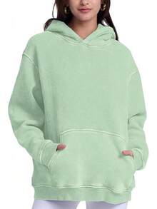 FAIABLE Mens Hoodies Oversized Unisex Wash Hoodie Heavyweight Fleece Vintage Cotton Sweatshirt Men Women Streetwear - Sage Green - 查看 2