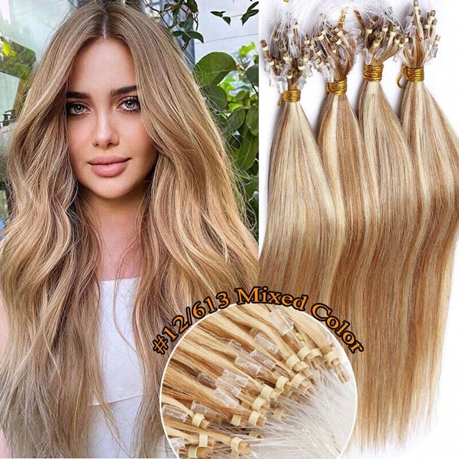 100Strands Micro Ring Loop Tip Remy Human Hair Extensions Straight Micro Beads Link Hair 0.5g/Strand #4/27 Medium Brown/Dark Blonde #12/613 Golden Brown/Blonde #18/613 Ash Blonde/Bleach Blonde - #12/613 Nâu vàng/Vàng - Xem 1