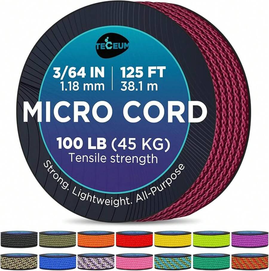 TECEUM Micro Paracord – 118 Mm X 125 Ft – Micro Utility Cord – Thin Braided Paracord Rope – Best Crafting, Projects, Fishing, Camping – Wind Chime – Survival Strong String - 紫紅色 - 查看 1