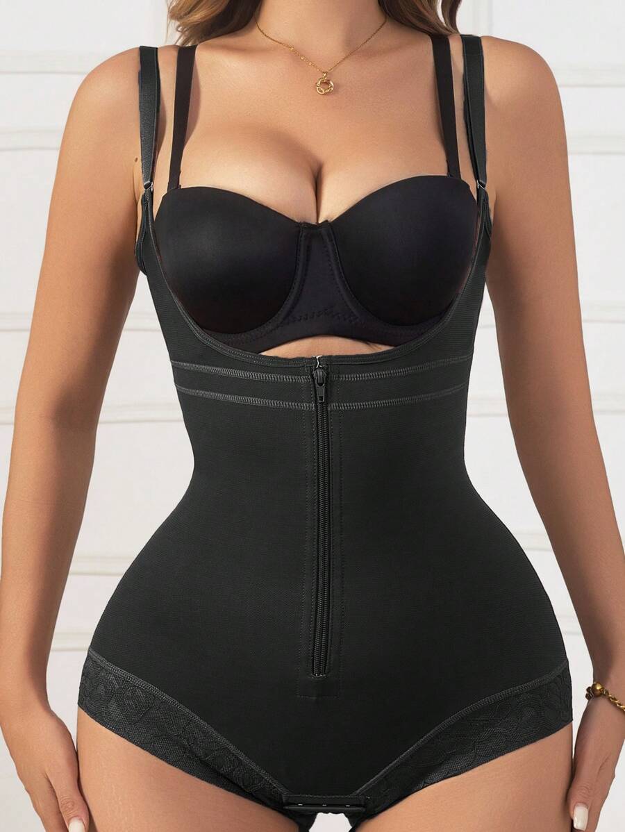 1pc U-Plunge Front Zipper Shapewear Women's Adjustable Waist Trainer Postpartum Tummy Control Body Shaper Butt Lifter Bodysuit