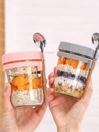 Overnight Oats Container (With Lid And Spoon) Large Capacity Sealed Container (For Milk, Cereal, Fruit) Portable Breakfast Milk Cup Women's Glass Salad/Yogurt Cup Mason Jar With Lid (For Cereal, Convenient To Carry) Graduated Vegetable & Fruit Salad Storage Container Back To School Gift