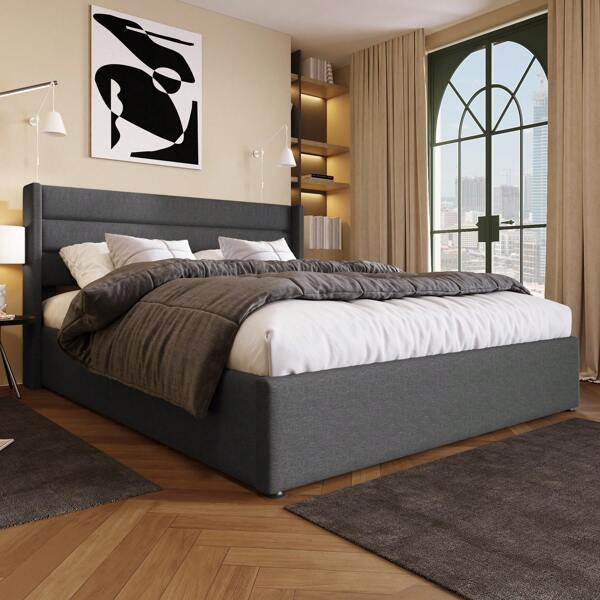 okwish Gestoffeerd bed hydraulisch tweepersoonsbed opbergbed, houten lattenbodem, bed met lattenbodem van metalen frame, linnen, grijs/beige