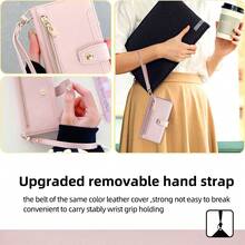Compatible With Rakuten, Kyocera New Crossbody Fashion Model PU Material, Multifunctional Large Capacity, 6 Card Slots + 1 Money Clip + 1 Wallet, Hardware Strong Magnetic Buckle, Same Color Wrist Strap Rope + Shoulder Strap Rope Flip Mobile Phone Case Included - Pink - View 4