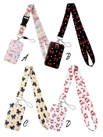 1pc Cute Bow Print Lanyard, Made Of Synthetic Fiber, Suitable For ID Badge Holder, Student Card Case, Can Be Used As A Gift, Everyday Use Bag Charms Car Accessories Teacher Friend Sister Gift Ideas