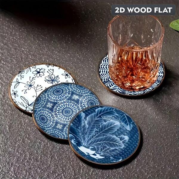 Set aus 6/12 blauen Blumen-Holzuntersetzer für Tischoberflächen-Schutz und Wärmeisolierung für Büro, Küche, Café, Geschenke, Restaurant und Küchendekoration, Heimdekoration, Schlafzimmerdekoration, Wohnzimmerdekoration, Halloween-Dekoration, Halloween-Geschenke, Untersetzersets, Getränkeuntersetzer, Untersetzer für Tassen zu Hause, Schulanfang