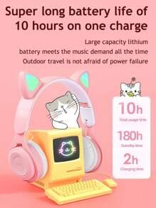 Składane bezprzewodowe słuchawki z kocimi uszami Zmieniające kolor bezprzewodowe słuchawki z kocimi uszami ze wbudowanym mikrofonem, sterowaniem dotykowym i długim czasem pracy baterii Odpowiednie dla dzieci/prezentów