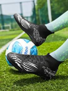 Botines de fútbol con tacos para niños y niñas, zapatos de fútbol profesionales para exterior con patrón geométrico antideslizante y transpirable con cordones para entrenamiento y competición