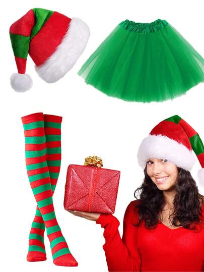 Set da 3 pezzi di accessori per costume da Babbo Natale per signora, inclusi cappello di Babbo Natale, gonna a tutu, leggings a righe, per giochi di ruolo da festa di Natale, elfo di Natale