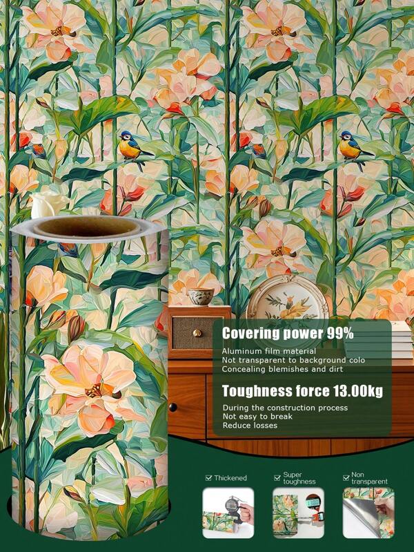 1 Roll 1m/3m/5m Vintage Lotus Leaf & Bird Wallpaper, Suitable For Home Renovation, Room Decoration, Cabinet Refurbishing, Bathroom Decoration, Vinyl For Walls, DIY, Waterproof, Anti-Fouling, Aluminum Foil Wallpaper, No Bleed-Through, Cover Blemishes, Flexible & Tear Resistant, Easy To Clean, Self-Adhesive Wall Paper Wall Stickers Wall Decor Kitchen Bedroom Living Room Decor