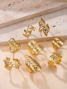 2/3/5pcs Assorted Delivery, Fashionable Minimalist Geometric Leaf Shaped Stainless Steel Adjustable Rings, Suitable For Women's Daily Matching, Gifts, Weddings And Parties - Ring Set - View 4