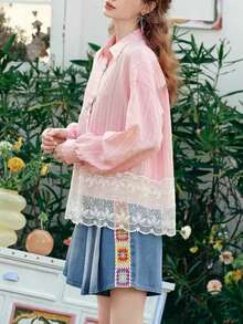 Vêtements d'automne pour femmes, chemise rose brodée pour femmes, associée à un Top brodé de dentelle, une chemise féminine à la mode et élégante, un incontournable pour les sorties décontractées. Top à manches longues pour femmes en automne-hiver, nouveaux vêtements pour femmes à la mode avec rayures brodées, costume d'Halloween - Rose bonbon - Voir 4